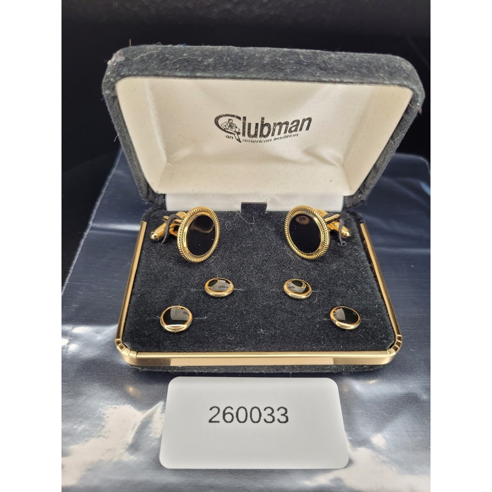 Clubman Cufflink and Stud Set Gold Tone Black Oval Round Formal Jewelry Boxed